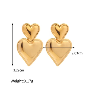 Polished gold double heart stud earrings in stainless steel with measurement details