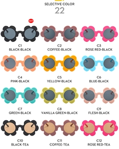 Detailed color chart of flower-shaped kids sunglasses in 12 stylish matte finishes