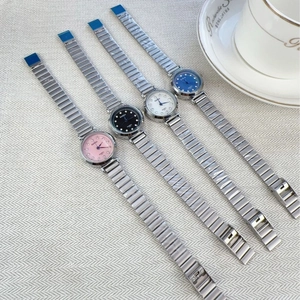 Barsh quartz watches with round dial and silver metal straps in pink, black, white, and blue