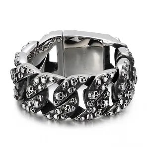 Bracelet Homme Punk Rock Crâne Gourmette Acier Inoxydable 316L Vintage Gaufré Bijoux Biker Cadeau