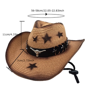 Brown woven straw cowboy hat with bull head emblem and star patterns in a 45-degree view