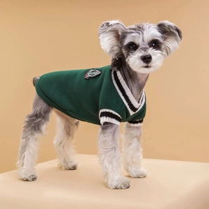Deep green V-neck knitted dog vest with collegiate stripes and embroidery on beige background