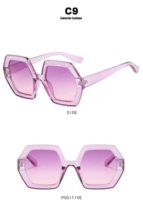 Detail views of purple gradient lenses and hexagonal transparent frame sunglasses