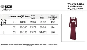 Size chart showing measurements for long sleeve sheer mesh patchwork bodycon maxi dress
