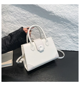 Detailed view of white square handbag showing crocodile texture trim and metal lock closure