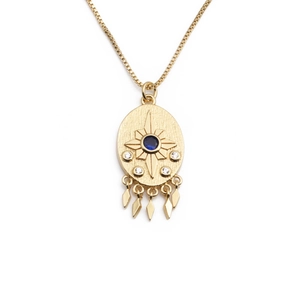 Copper Gold Plated Evil Eye Pendant Necklace Blue Zircon Starburst Rhinestone Tassel Boho Jewelry For Women