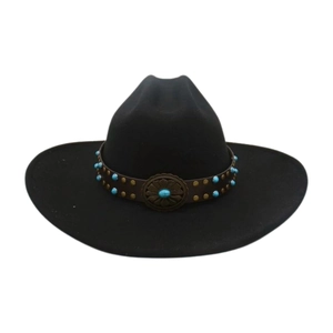 Detail of western fedora hat featuring a brown leather belt with turquoise beads