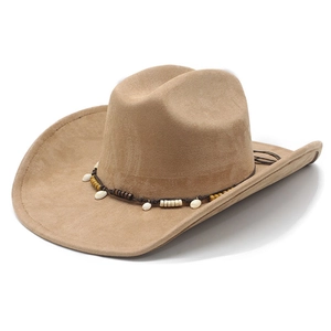 Western Cowboy Hat Wide Brim Suede Felt Bohemian Ethnic Style With Shell Wood Bead Decorative Band Adjustable For Men Women