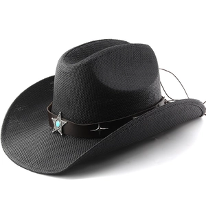 Black western straw cowboy hat with leather band and turquoise star emblem for sun protection