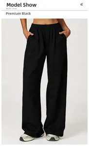 Detail of high waist elastic waistband on premium black wide leg sports trousers