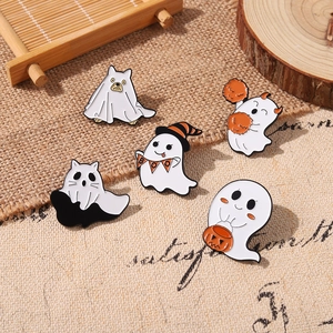 Ghost Halloween enamel pin collection with pumpkin and BOO banner on vintage background