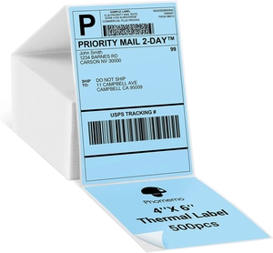 Detail of 4x6 thermal label roll with printed sample USPS shipping information