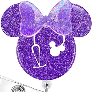 Purple glitter Minnie mouse badge reel with nurse stethoscope motif for hospital staff
