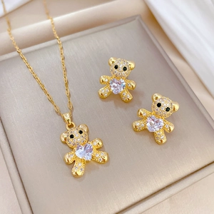 Teddy Bear Necklace And Earrings With Titanium Steel Chain Zircon Copper Heart Shape Pendant Silver Earring Post