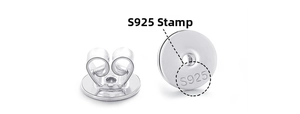 Macro detail of S925 sterling silver earring backs with clear metal hallmark engraving