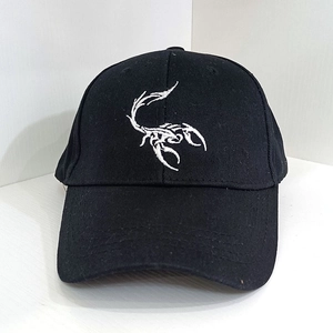 Classic black baseball cap with white scorpion embroidery and curved brim for casual wear