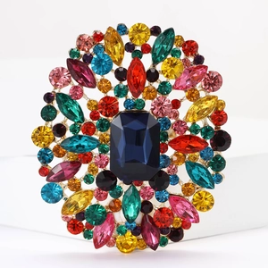 Detailed close-up of a large blue rectangular rhinestone center on a floral alloy brooch