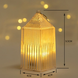 Detail view of mini LED lantern with warm light and size specs: 9.5cm x 4cm x 4cm