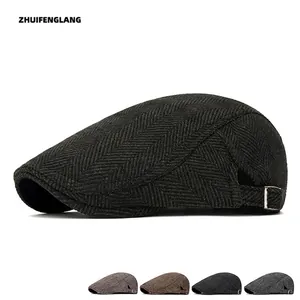 Men's herringbone flat cap with adjustable metal buckle in multi-color vintage wool