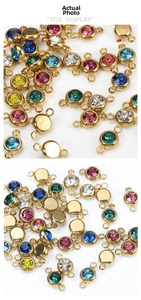 Macro shot of colorful rhinestone connectors in gold finish for DIY jewelry crafting