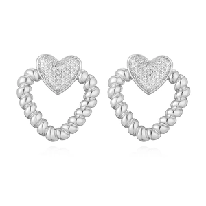 Hollow heart stud earrings with sparkling zircon and twisted silver rope texture