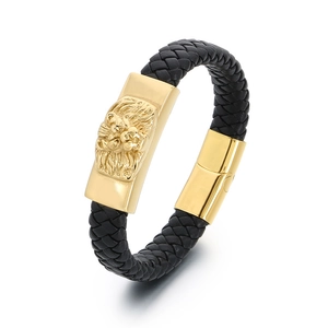Men's black braided leather bracelet featuring a gold 18k plated lion head metal clasp