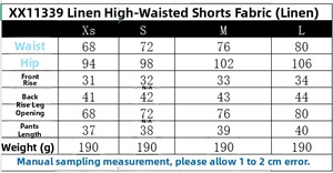 Detailed size chart for women high-waist linen shorts showing measurements in centimeters