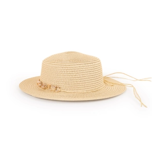Detail showing high-quality straw weave and golden chain decoration on the sun hat