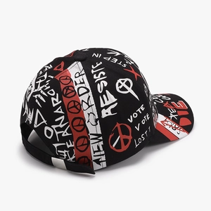 Graffiti printed black baseball cap with red and white street art and metal buckle back