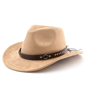 Camel suede western cowboy hat with studded leather band and adjustable drawstrings