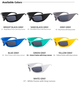 Selection of futuristic sports sunglasses in seven colors with gray lenses