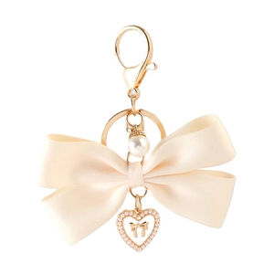 Chic beige ribbon bow keychain with heart pearl pendant and gold metal hook accessory