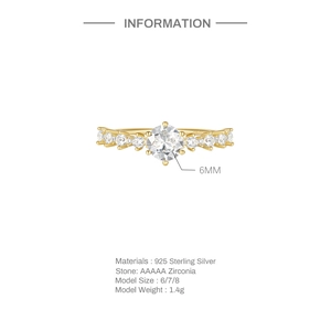 Detail view of S925 sterling silver ring with 6mm zirconia and sizing specifications