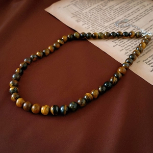 Tiger eye stone beaded necklace with vintage silk texture and adjustable silver clasp