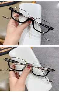 Detail view of square black and silver eyewear frames with a sleek leather storage case