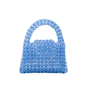Handmade sky blue acrylic beaded trapezoid handbag with a top handle and fold-over flap