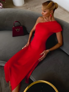 Detailed close-up of a red one-shoulder midi dress featuring elegant waist pleats