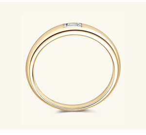 Detailed side view of golden moissanite ring with a rectangular cut stone on white background