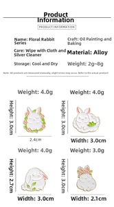 Detail specifications and sizes of four unique enamel bunny pins made of zinc alloy