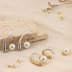 Boucles D'oreilles À Crochet Rétro Français En Acier Titane Plqué Or 18K Avec Künstliche Perle D'imitation Blanche Forme En U Femme