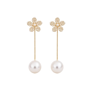 Elegant 18k gold-plated pearl flower drop earrings with sparkling zircon inlay