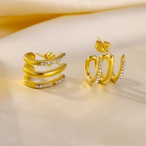 Elegant gold plated C-shaped triple band stud earrings with sparkling zircon inlay
