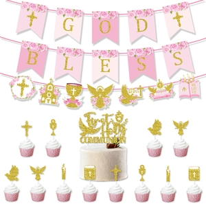 God Bless party banner and glitter cake toppers for First Holy Communion celebration