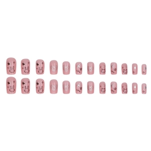 Pink press-on nail set with cartoon cat, star and heart designs on 24 pieces