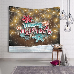Detail of Merry Christmas tapestry featuring wood texture and snowy snowflake patterns