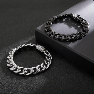 Men's hip-hop Cuban link bracelets in silver and black stainless steel finish