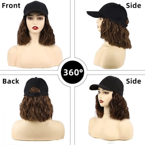 360-degree view of a black baseball cap with integrated long brown wavy synthetic hair