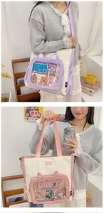 Student style cute canvas ita bag large capacity tote bag with transparent window display.