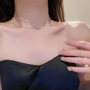 Double-layered chain choker with metal beads and sparkling zircon for women's daily wear
