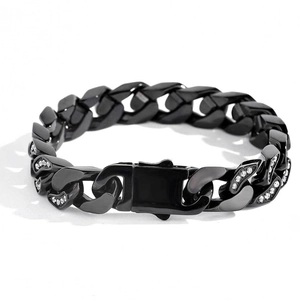 12mm Black CNC Cuban link bracelet in stainless steel with sparkling zircon stones